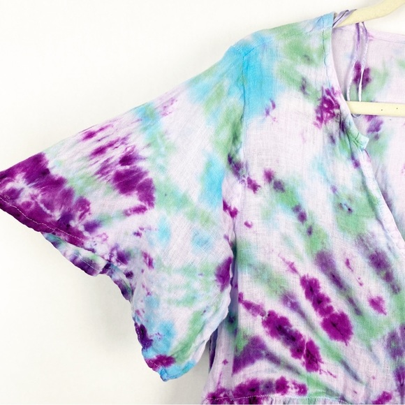 Joie 100% Linen Tiered Tie Dye V-neck Tunic Dress Pockets Purple Blue Sz Medium - Picture 2 of 4